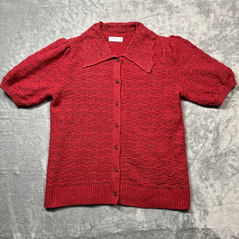 LC Lauren Conrad Cardigan Women Red Short Puff Sleeve Pointelle Knit Top Medium